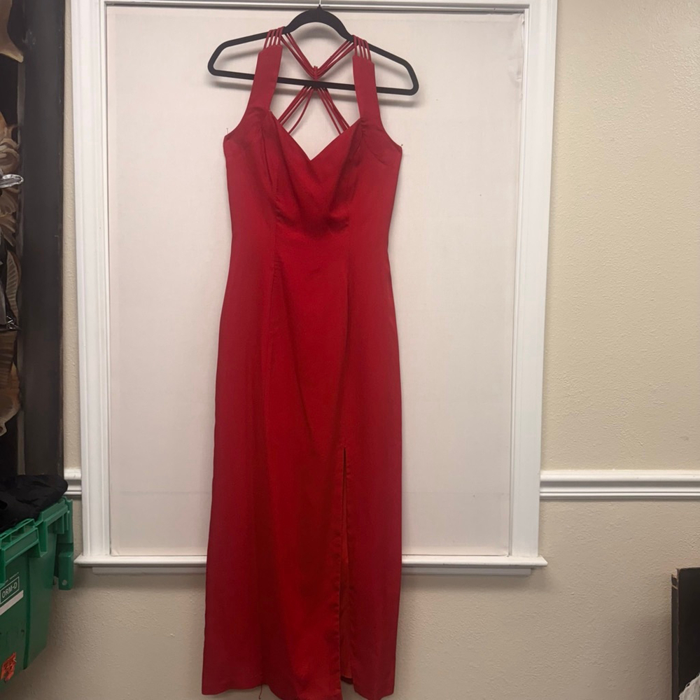 Vtg Valentines Women's Betsy& Adam Red Halter Neck Maxi Dress with Slit S